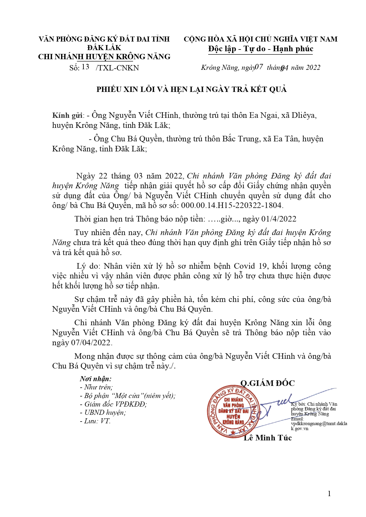 Phiếu xin lỗi Hồ sơ trễ hạn Nguyễn Viết Chỉnh, địa chỉ thửa đất xã Ea Tân, huyện Krông Năng, tỉnh Đăk Lăk